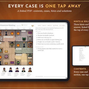 May include: A digital logic puzzle game interface titled A Scarecrow Watching, featuring a grid-based floor plan with icons of furniture, jack-o'-lanterns, and characters, alongside a list of clues, suspect profiles, and a contents page.