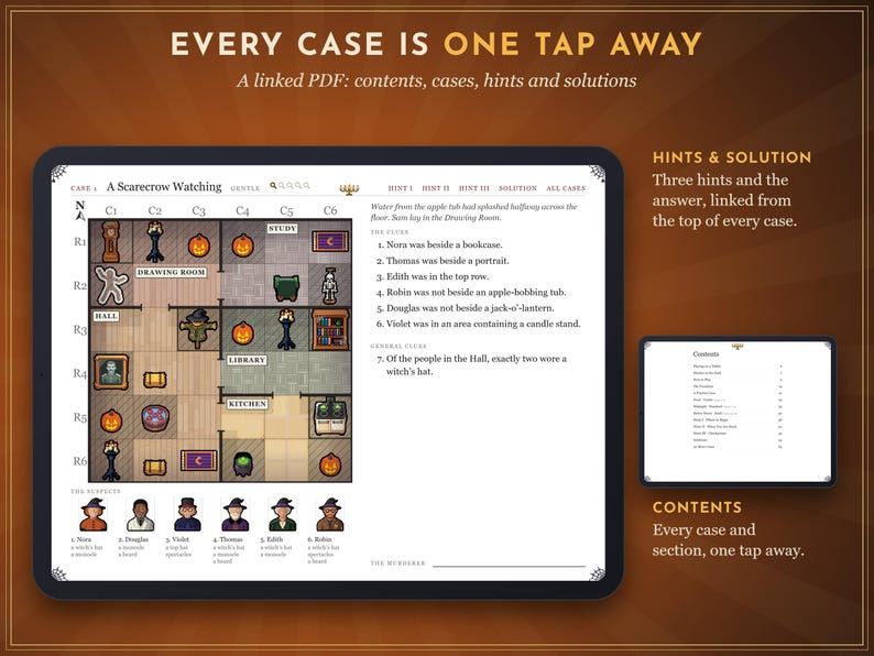 May include: A digital logic puzzle game interface titled A Scarecrow Watching, featuring a grid-based floor plan with icons of furniture, jack-o'-lanterns, and characters, alongside a list of clues, suspect profiles, and a contents page.