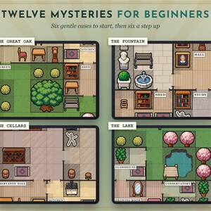 May include: A game board titled Twelve Mysteries for Beginners featuring four distinct top-down pixel art maps labeled The Great Oak, The Fountain, The Cellars, and The Lake, each displaying various rooms, furniture, and outdoor landscape elements.