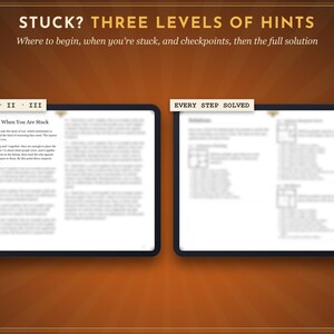 May include: Two digital tablet screens displaying game instructions. The left screen is titled Hints II - When You Are Stuck, and the right screen is titled Solutions. The header text reads STUCK? THREE LEVELS OF HINTS.