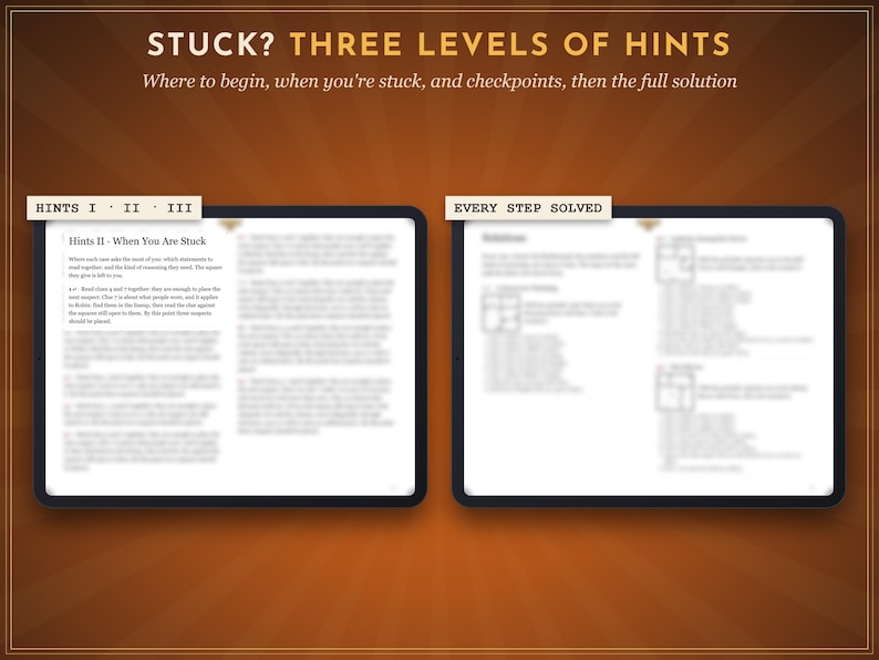 May include: Two digital tablet screens displaying game instructions. The left screen is titled Hints II - When You Are Stuck, and the right screen is titled Solutions. The header text reads STUCK? THREE LEVELS OF HINTS.