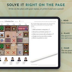 May include: A digital logic puzzle game displayed on a tablet screen, featuring a floor plan grid with furniture icons, suspect portraits, and written clues. The text reads Solve It Right On The Page, Read, Place, and Name, with a stylus.