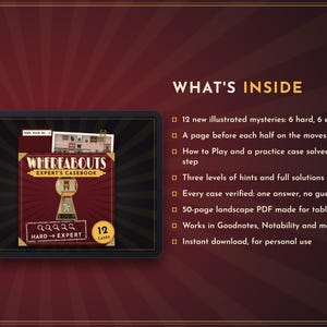 May include: A digital tablet displaying the Whereabouts Expert's Casebook cover with a keyhole graphic and 12 cases label. The text lists contents: 12 illustrated mysteries, a page before each half, how to play, hints, solutions, and 50-page PDF format.