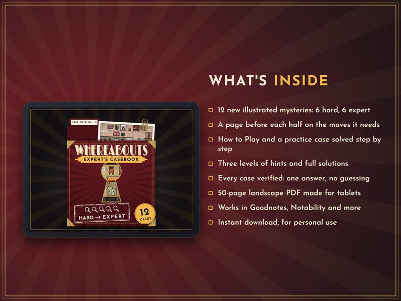 May include: A digital tablet displaying the Whereabouts Expert's Casebook cover with a keyhole graphic and 12 cases label. The text lists contents: 12 illustrated mysteries, a page before each half, how to play, hints, solutions, and 50-page PDF format.