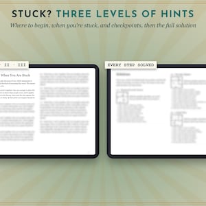 May include: A digital guide titled STUCK? THREE LEVELS OF HINTS with the subtitle Where to begin, when you're stuck, and checkpoints, then the full solution. It displays two screens showing HINTS I II III and EVERY STEP SOLVED.