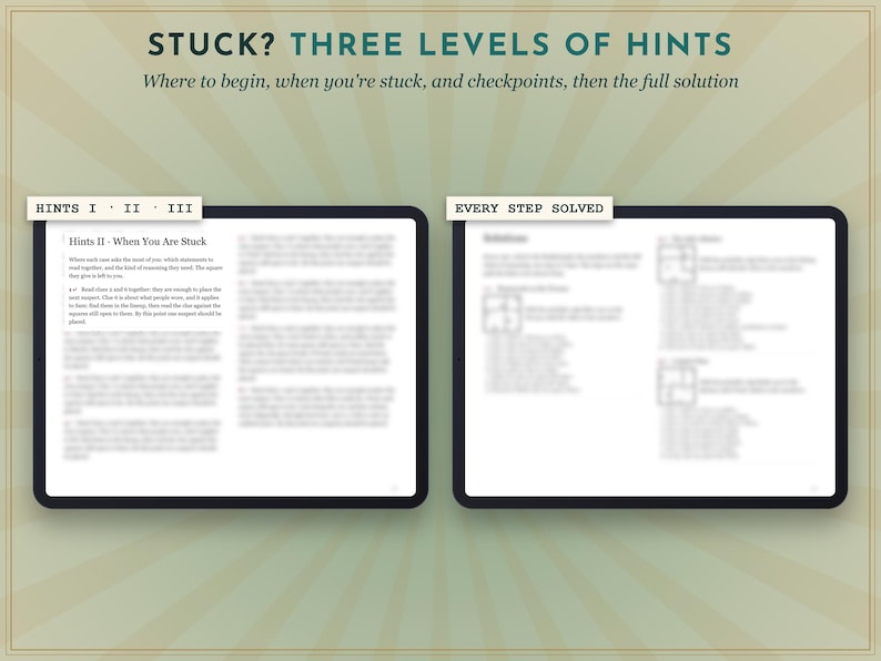 May include: A digital guide titled STUCK? THREE LEVELS OF HINTS with the subtitle Where to begin, when you're stuck, and checkpoints, then the full solution. It displays two screens showing HINTS I II III and EVERY STEP SOLVED.