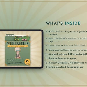 May include: A digital tablet displays a Whereabouts Beginner's Casebook with 12 illustrated mysteries. The text lists features including 12 mysteries, step-by-step instructions, hint levels, solutions, a 44-page landscape PDF, and compatibility with note-taking apps.