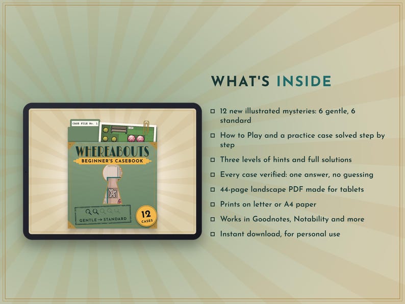 May include: A digital tablet displays a Whereabouts Beginner's Casebook with 12 illustrated mysteries. The text lists features including 12 mysteries, step-by-step instructions, hint levels, solutions, a 44-page landscape PDF, and compatibility with note-taking apps.