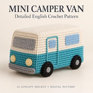 May include: A crochet mini camper van with a cream-colored roof and a teal lower body. It features gray windows, light blue side windows, yellow circular headlights, and black wheels with gray centers. Text reads: MINI CAMPER VAN Detailed English Crochet Pattern.