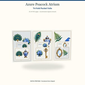 Album a tre ante con tasche Azure Peacock Atrium, PDF stampabile, Kit per junk journal, Download digitale per lavori di carta