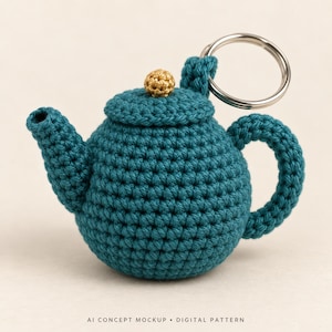 Mini Teapot Keychain Crochet Pattern | Teal Teapot and Gold Knob | Detailed English PDF