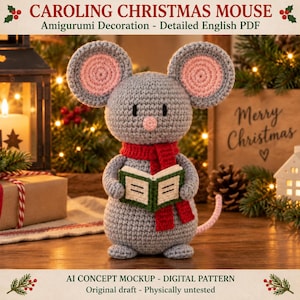 Caroling Christmas Mouse Crochet Pattern | Red Scarf and Tiny Songbook | Detailed English Amigurumi PDF
