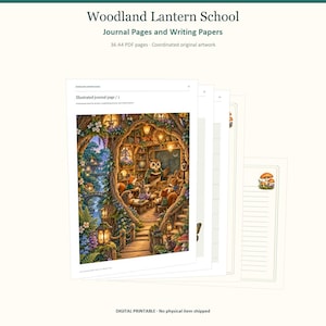 May include: A set of 36 A4 PDF digital printable journal pages and writing papers titled Woodland Lantern School. The pages feature coordinated original artwork including an owl teacher in a tree hollow classroom and mushroom motifs.