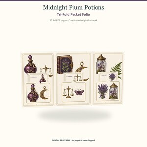 Midnight Plum Potions Tri-Fold Pocket Folio utskrivbar PDF, skräpjournalkit, digital nedladdning av papperspyssel