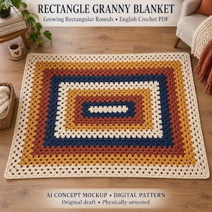Könnte beinhalten: Eine rechteckige Häkeldecke mit konzentrischen Reihen in Creme, Senfgelb, Rostorange und Marineblau. Der Text RECTANGLE GRANNY BLANKET Growing Rectangular Rounds English Crochet PDF und AI CONCEPT MOCKUP DIGITAL PATTERN ist zu sehen.