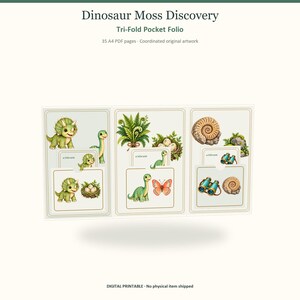 Album a tre ante "Scoperta del muschio dei dinosauri", stampabile in PDF, kit per junk journal, download digitale per lavori di carta