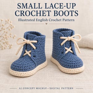 Könnte beinhalten: Ein Paar blaue Häkelstiefel mit cremefarbenen Schnürsenkeln und Sohlen. Der Text lautet: SMALL LACE-UP CROCHET BOOTS, Illustrated English Crochet Pattern, AI CONCEPT MOCKUP, DIGITAL PATTERN. Die Stiefel weisen ein strukturiertes Maschenbild auf.