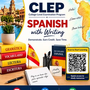 CLEP Spanish with Writing Study Guide | Grammar, Vocabulary, Reading, Writing Practice (Digital Download)