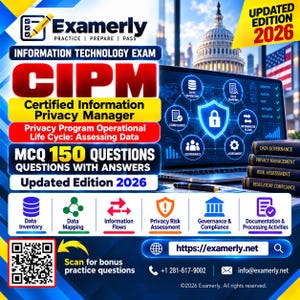May include: An Examerly study guide for the 2026 CIPM Certified Information Privacy Manager exam. The graphic features a laptop displaying data security icons, a stack of books labeled Data Governance, and a QR code for bonus practice questions.