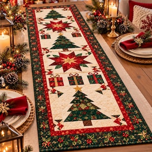 May include: A rectangular quilted table runner featuring a cream-coloured centre panel with repeating patterns of green Christmas trees, red poinsettia stars, and wrapped gift boxes, all bordered by a dark green fabric with red holly berries.