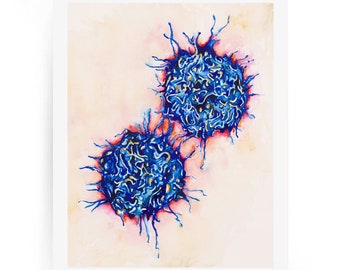 May include: A watercolor painting of two blue cells with a spiky, irregular shape. The cells are on a light pink background.