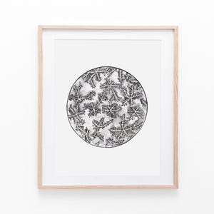 May include: A black and white illustration of a circle filled with snowflake designs. The illustration is framed in a light wood frame.