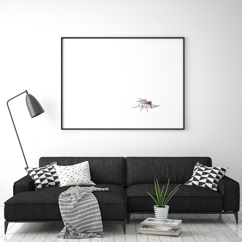 May include: A black sofa with a white and black patterned throw pillow and a green plant in a white pot. A black framed picture with a white background and a mosquito on it hangs on the wall above the sofa.