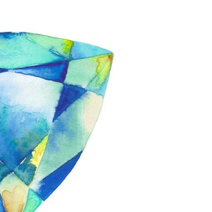 May include: A close-up of a blue, green, and yellow watercolor painting of a gemstone. The gemstone is faceted and has a sharp, angular shape.