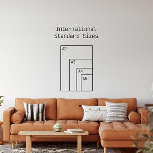 Iso International A Series Sizes shown on blank wall behind brown couch.