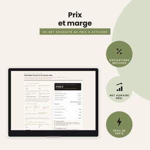 Peut inclure: Une interface numérique de calculateur de prix et de marge affichée sur un écran. Le texte indique Prix et marge, Calculateur de prix et de revenu cible, avec des sections pour le revenu net, les taux horaires et les seuils de perte.