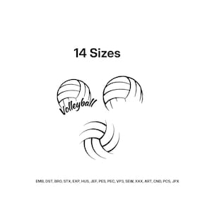 May include: A digital embroidery design file featuring three black and white volleyball illustrations, with the text "14 Sizes" at the top and a list of file formats including EMB, DST, BRO, STX, EXP, HUS, JEF, PES, PEC, VP3, SEW, XXX, ART, CND, PCS, JPX.