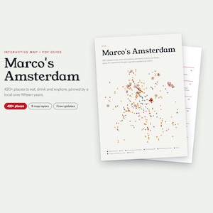 以下が含まれることがあります： 「Marco's Amsterdam」と題されたデジタルガイドで、インタラクティブマップとPDFガイドが含まれています。このドキュメントには、地元住民が15年以上かけてピン留めした、食事や飲み物、探索のための420以上の場所を示す多数の色の点が地図上に表示されています。