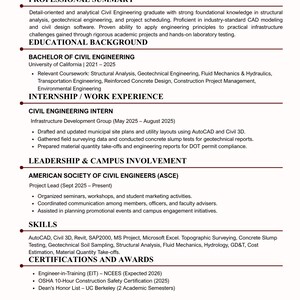 Puede incluir: Una plantilla de currículum profesional para un graduado en ingeniería civil llamado Esther Joshua. El documento incluye secciones para resumen profesional, formación académica, experiencia laboral, liderazgo, habilidades, certificaciones y referencias.
