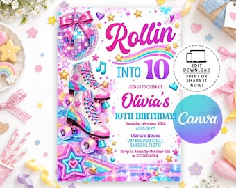 May include: A birthday invitation card featuring a disco ball, roller skates, and rainbow accents. The text reads: Rollin into 10, Join us to celebrate Olivia's 10th Birthday, Saturday, October 25th at 05:00 PM, Olivia's House, 1787 Broadway Street, San Diego, TX 2738.