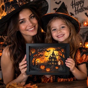 May include: A rectangular black-framed shadow box featuring a multi-layered paper cutout scene of a haunted house, bare trees, flying bats, a large orange moon, and glowing jack-o'-lanterns, illuminated from within to create a spooky atmosphere.