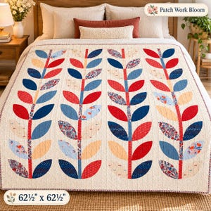 Modello PDF per trapunta a foglie, trapunta patchwork botanica, trapunta da giardino moderna, trapunta a foglie colorate, modello di cucito digitale 62,5" x 62,5".