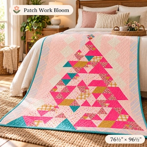 May include: A patchwork quilt featuring a large central tree design composed of pink, teal, and yellow geometric fabric pieces. The quilt has a light pink background, a teal border, and measures 76.5 inches by 96.5 inches. The text Patch Work Bloom is visible.
