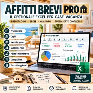 Puede incluir: Una herramienta de gestión digital para alquileres vacacionales titulada Affitti Brevi Pro, mostrada en una pantalla de portátil con gráficos financieros, datos de reservas y tasas de ocupación, junto a un cuaderno y llaves con forma de casa.
