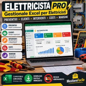 Puede incluir: Un portátil que muestra un panel de control de Excel titulado ELETTRICISTA PRO, con datos sobre clientes, presupuestos y costes. La pantalla muestra gráficos y cifras financieras. Rodean al portátil herramientas y cables eléctricos.