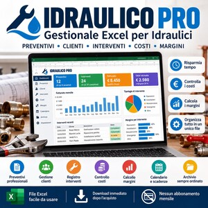 Op de afbeelding: Een laptopscherm met de Idraulico Pro Excel-beheersoftware voor loodgieters, met een dashboard met grafieken, financiële gegevens en projectvolging, inclusief secties voor offertes, klanten, interventies, kosten en marges.