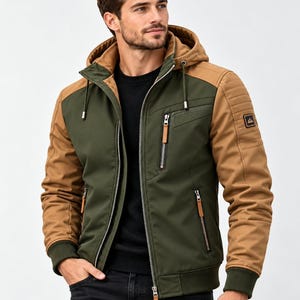Men’s Olive Green & Tan Hooded Winter Jacket – Zip-Up Outdoor Coat