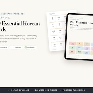 Op de afbeelding: Een set printbare Koreaanse flashcards met 240 essentiële woorden verdeeld over 12 thema's. Het digitale scherm toont een tablet met kleurrijke woordkaarten, terwijl een vel papier een raster met Koreaanse woordenschat en studielijsten weergeeft.