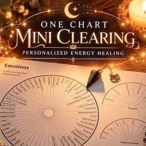 May include: A white paper chart titled One Chart Mini Clearing Personalized Energy Healing featuring a circular diagram of emotions, a trauma section, and a positive emotions section, accompanied by a dark pendulum, a spiral notebook, and a pen.