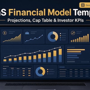 May include: A laptop screen displaying a SaaS Financial Model Template with various data visualisations including line graphs, bar charts, and pie charts in blue and gold tones. The text reads SaaS Financial Model Template, Projections, Cap Table & Investor KPIs, and Google Sheets + Excel.