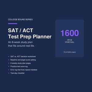 Op de afbeelding: Een donkerblauwe SAT / ACT testvoorbereidingsplanner met witte tekst. Bevat een 8-weken studieplan, een SAT vs. ACT beslissingswerkblad, score-instellingen, een oefenlogboek, een foutenlogboek en een checklist. Inclusief 16 printbare pagina's.
