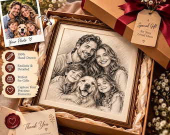 May include: A framed pencil sketch portrait of a family with two children and a dog, presented in a gift box with a tag reading A Special Gift for Your Loved Ones and a thank you card with a red wax seal featuring a heart icon.