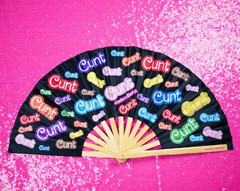 Black Cunt Folding Fan, Bamboo Clack Fan, Funny Rave Fan, Festival Hand Fan, Drag Fan, Gay Fan, Pride Accessories, Statement Fan