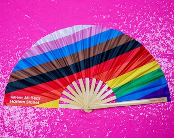 Progress Pride Folding Fan, Queer All Year Fan, Rainbow Pride Fan, Bamboo Clack Fan, LGBTQ Pride Fan, Festival Hand Fan, Drag Fan