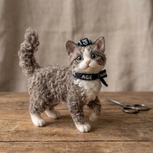 May include: A needle-felted grey and white curly-haired kitten figurine standing on all fours. The kitten wears a dark blue collar and a small matching hat, both featuring the white text "AGE CHANGE". It has large dark eyes and a curled tail.