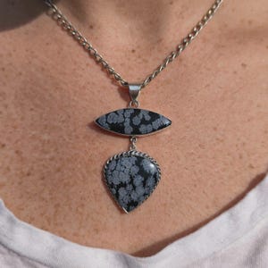Natural Snowflake Obsidian, Pendant Necklace, Double Stone Statement Jewelry, Marquise and Pear Shape, German Silver Setting, Gift for Her